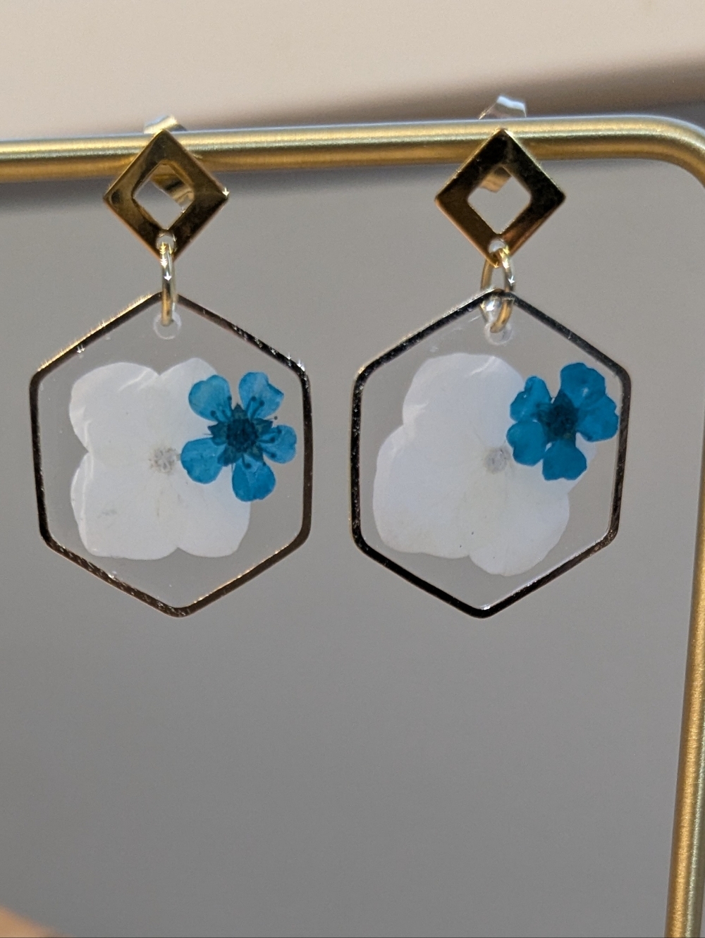 Gold Hexagon Drop Earrings with White and Blue Floral Inlay
